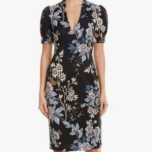 VINCE CAMUTO Navy Blue Floral Short Sleeve V Neck Dress - Size 2 Petite